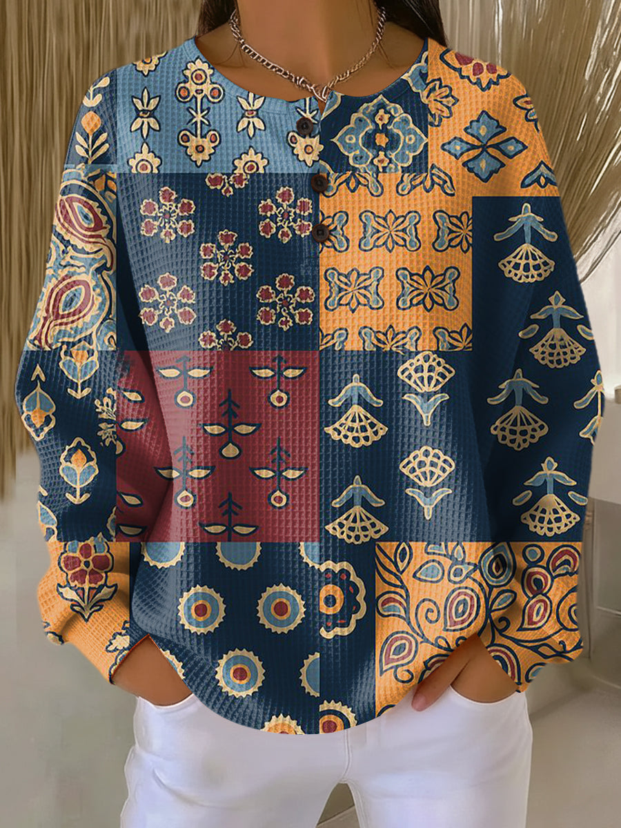 Anika | Pull en maille avec imprimé floral à carreaux ethniques