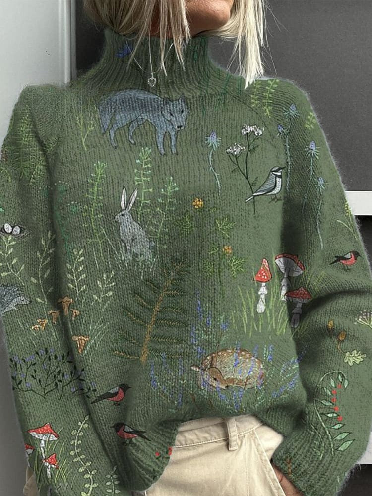 Woodland Animal Pattern Knit Turtleneck Sweater - Cozy & Stylish Fit