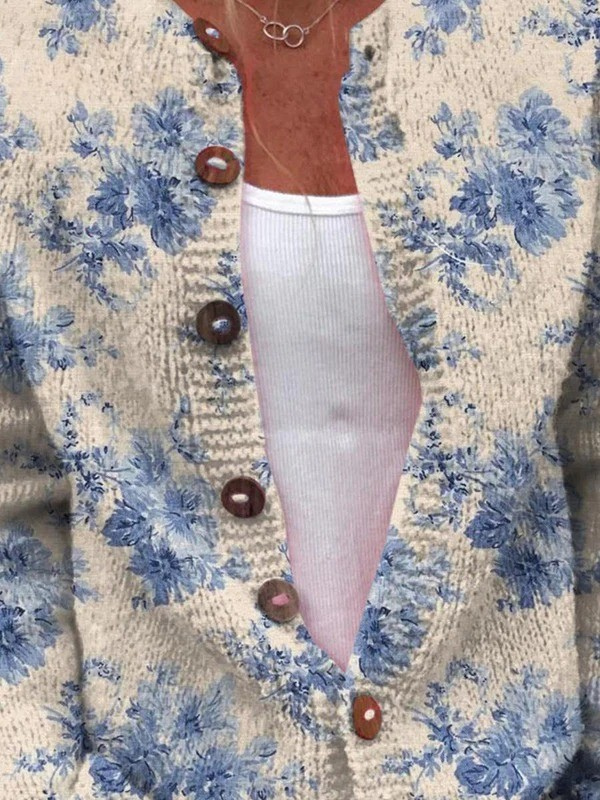 Women's Lovely Floral Art Print Buttoned Cardigan Sweater