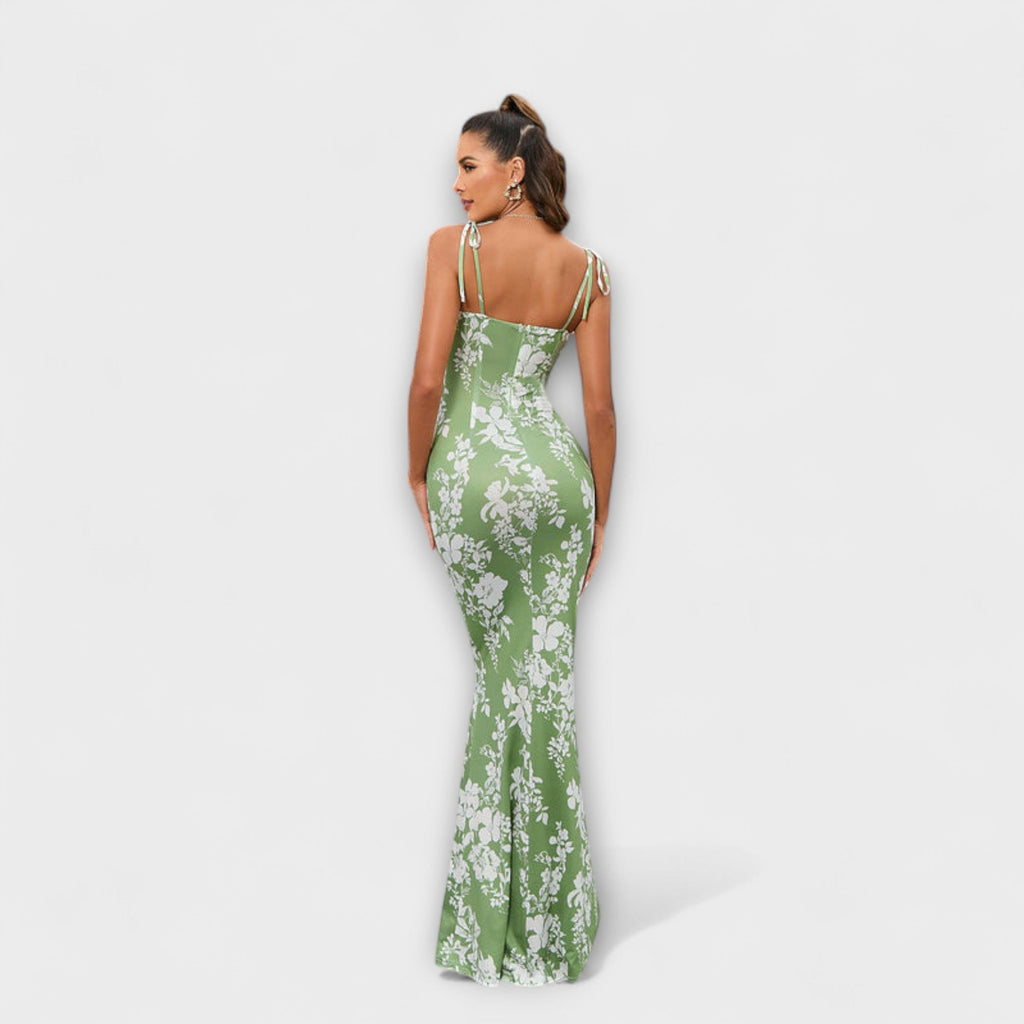 Thalia - Floral Print Prom Dress with Tied Shoulder Straps