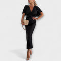 Sable - Solid Satin V-Neck Cross Knot Slim Fit Maxi Dress