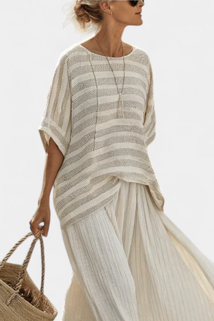 Graziella – Striped natural bamboo top and flowing linen trousers