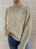 Women's Floral Art Print Turtleneck Sweater, Casual Long Sleeve Pullover Knit Top