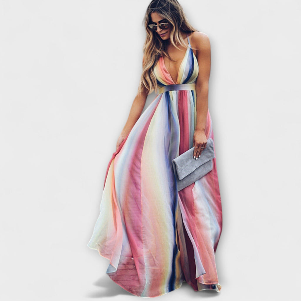 Multicolored Striped Women's Dress with V-Neck