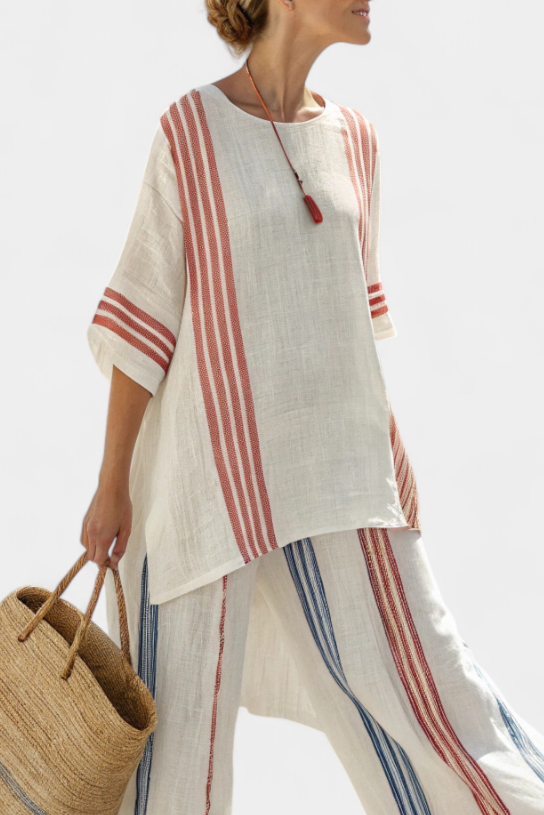 Ludovica – sophisticated multi-colored striped top and Mediterranean trousers