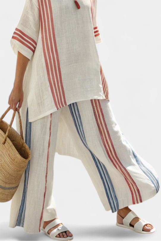 Ludovica – sophisticated multi-colored striped top and Mediterranean trousers