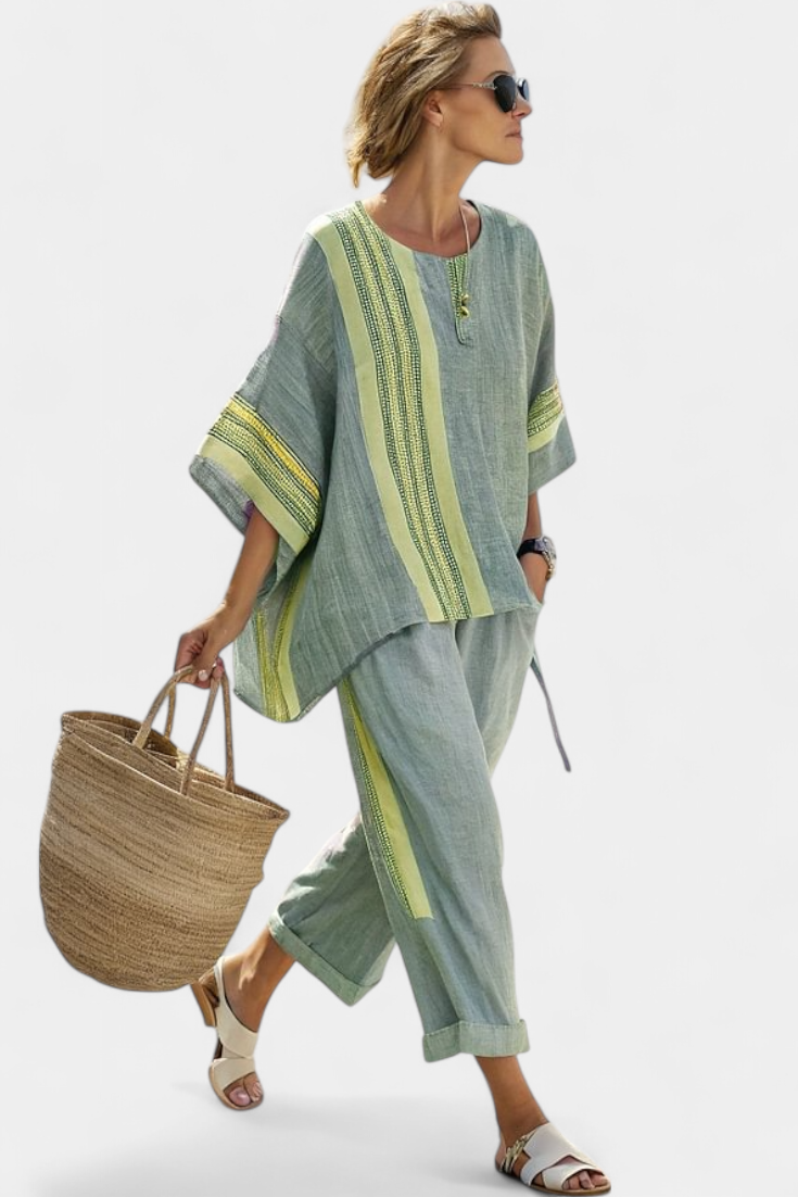 Daniela – elegant lavender top and mustard striped trousers
