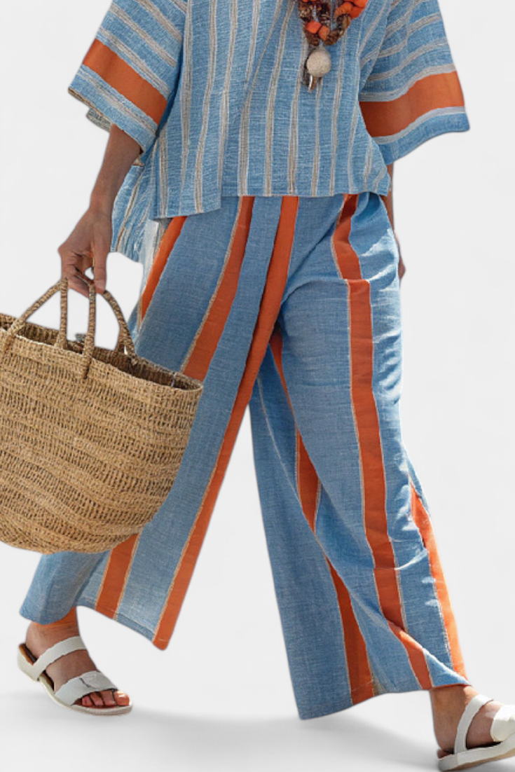 Valeria – sophisticated terracotta striped top and linen trousers