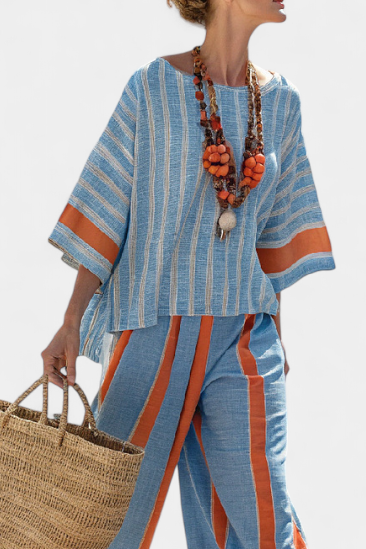 Valeria – sophisticated terracotta striped top and linen trousers