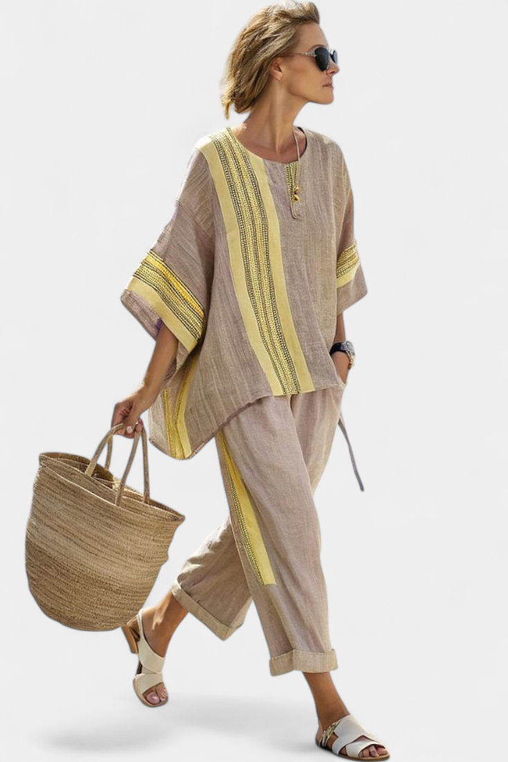 Daniela – elegant lavender top and mustard striped trousers