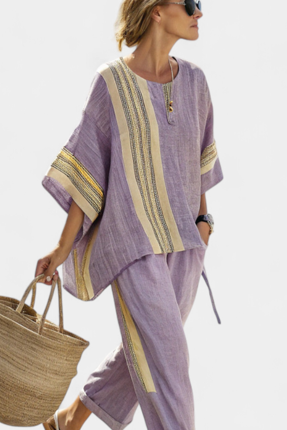 Daniela – elegant lavender top and mustard striped trousers