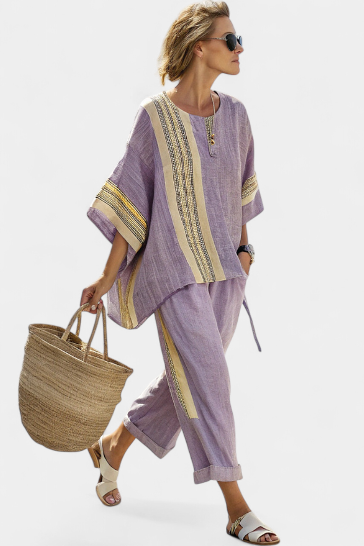 Daniela – elegant lavender top and mustard striped trousers