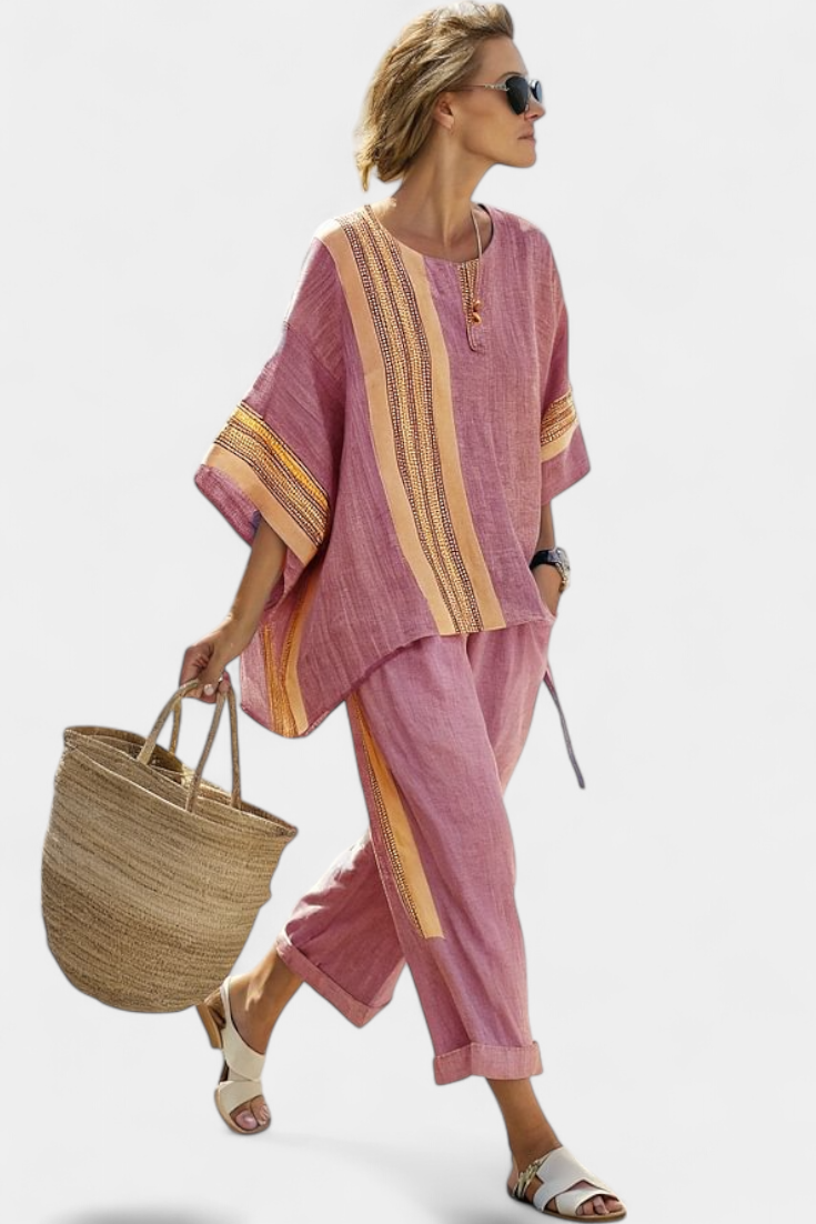 Daniela – elegant lavender top and mustard striped trousers