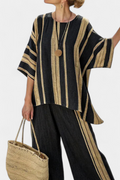 Tamara – Comfortable oversized striped top and relaxed linen trousers