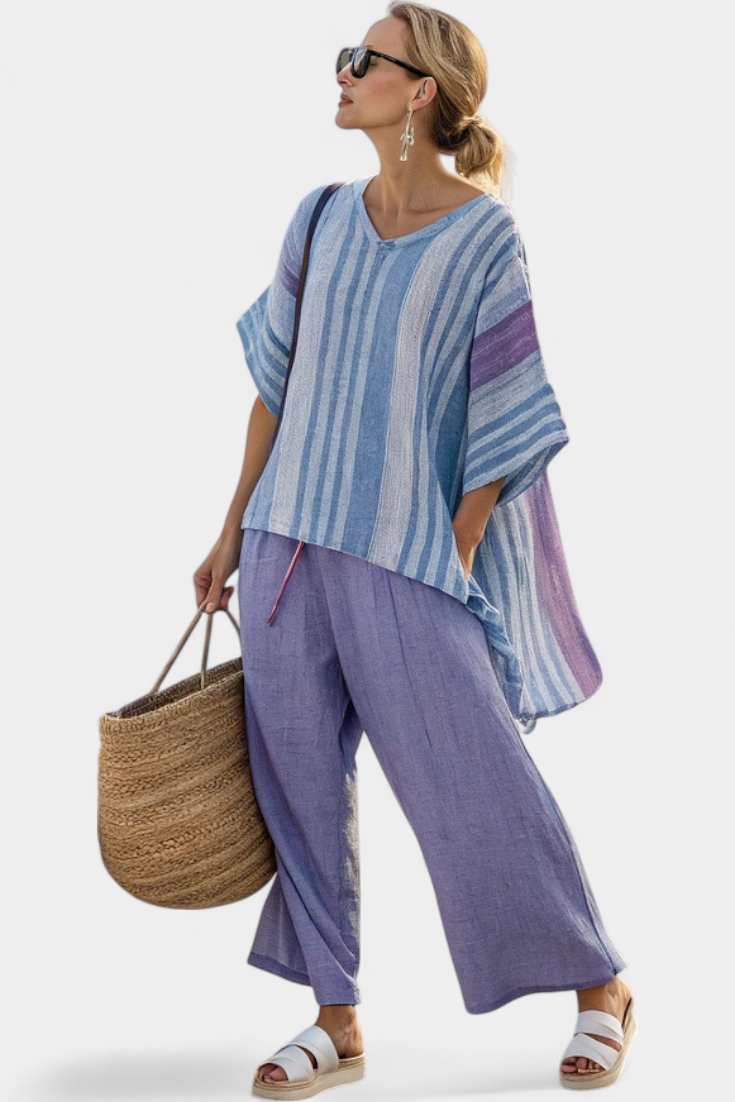 Carlotta – elegant lavender and sky blue top and linen trousers