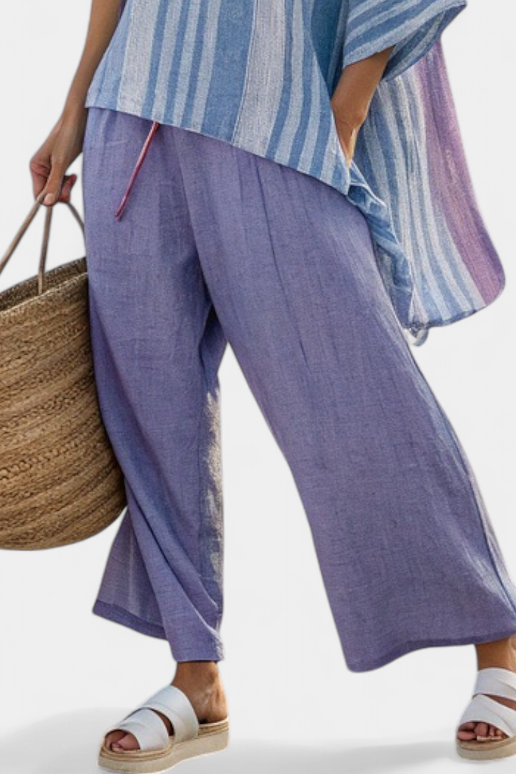 Carlotta – elegant lavender and sky blue top and linen trousers