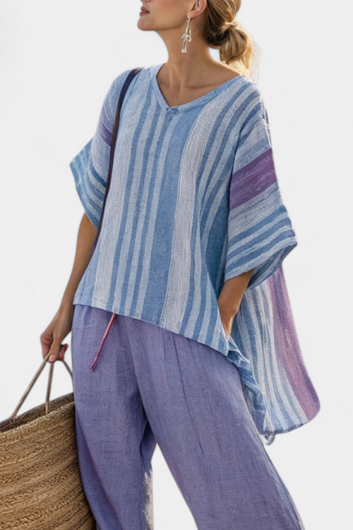 Carlotta – elegant lavender and sky blue top and linen trousers