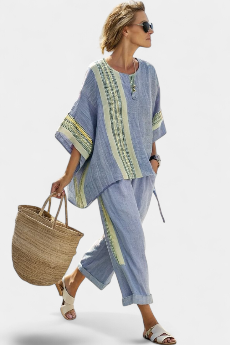 Daniela – elegant lavender top and mustard striped trousers