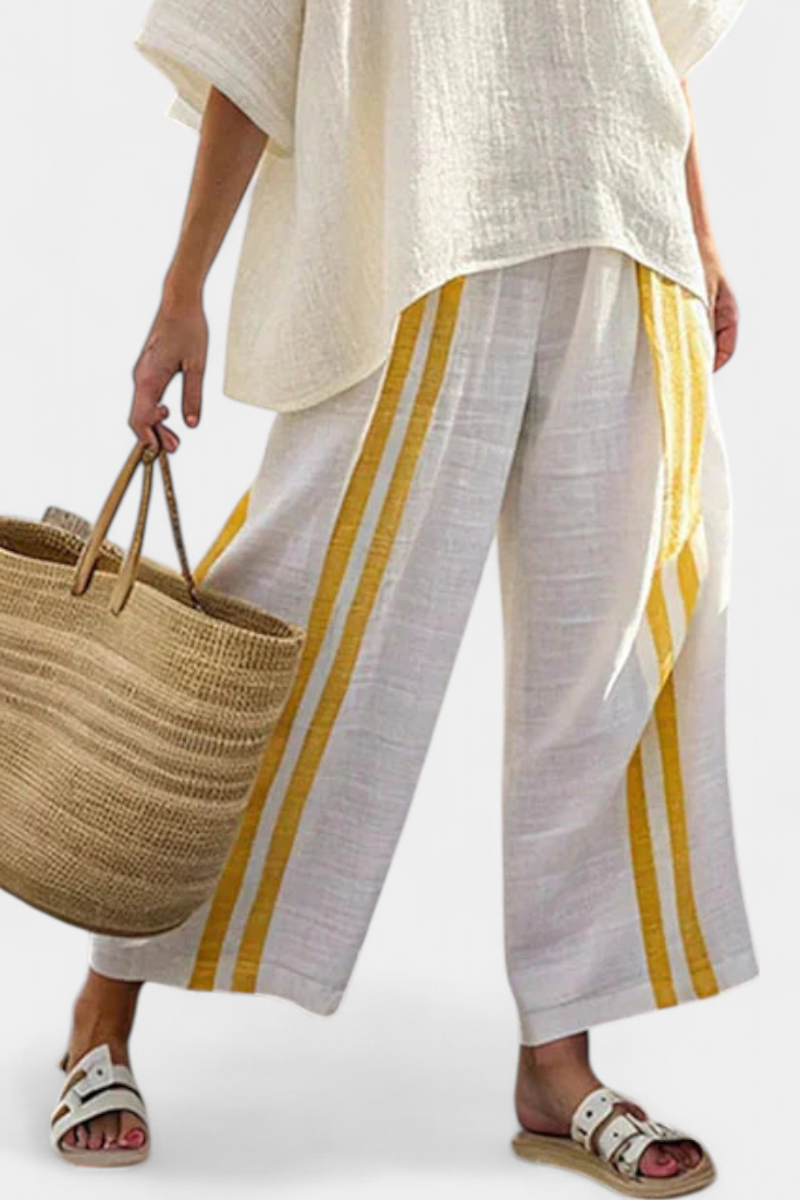 Arianna – Elegant yellow striped linen top and wide-leg trousers