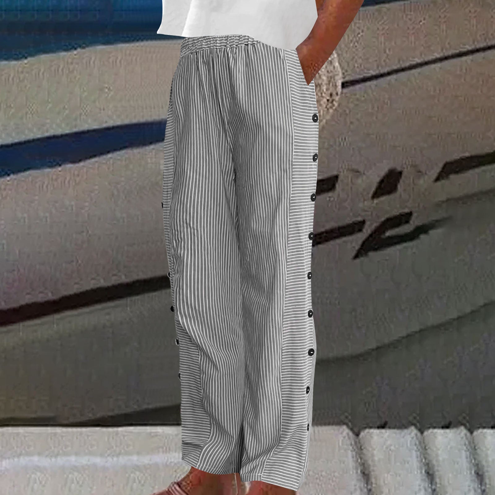 GRACE | Striped Button-Accent Trousers