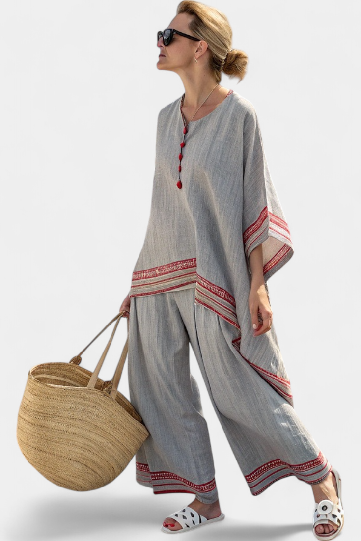Rossella – sophisticated asymmetric blouse and wide-leg ethnic trousers