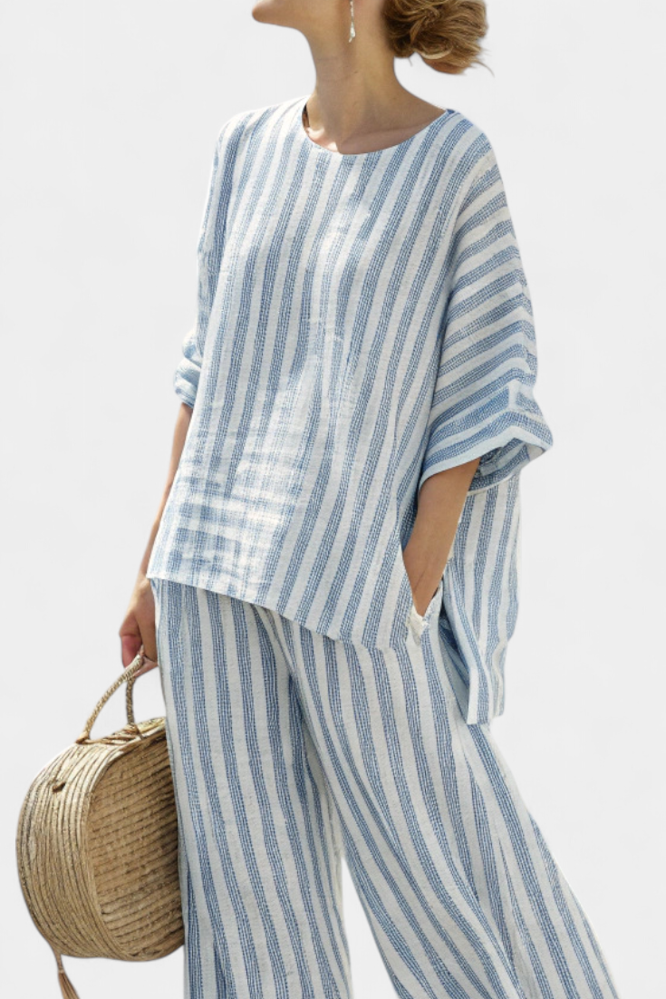 Federica – sophisticated blue striped linen top and relaxed trousers