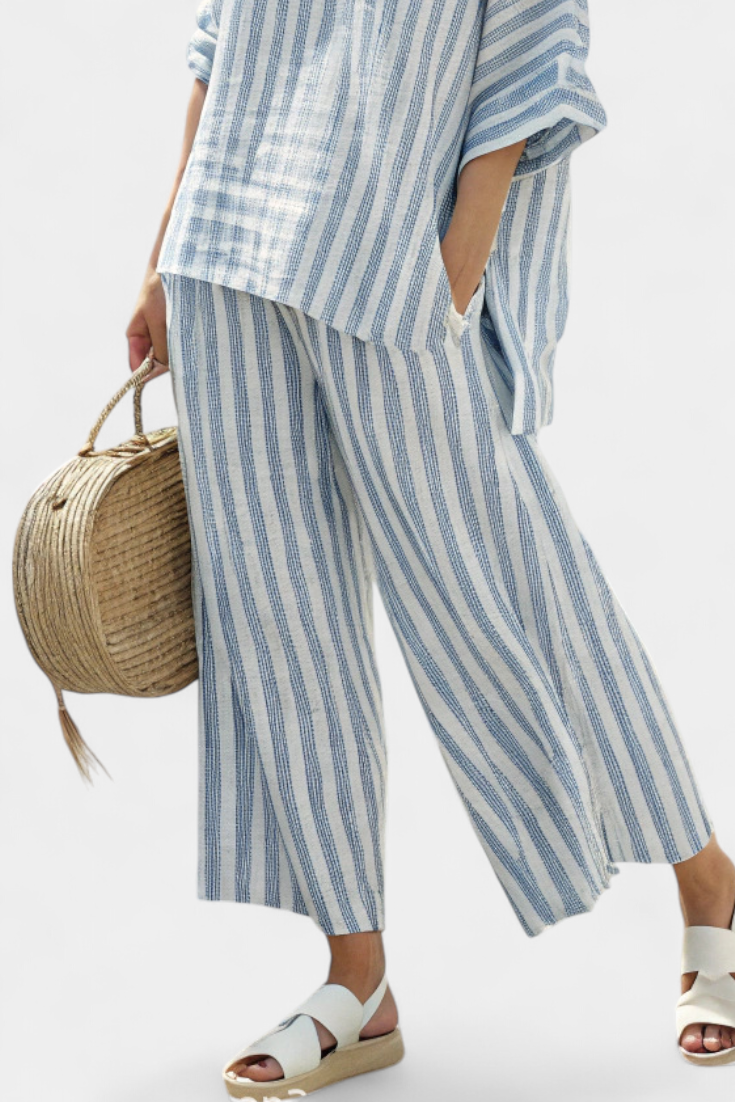 Federica – sophisticated blue striped linen top and relaxed trousers