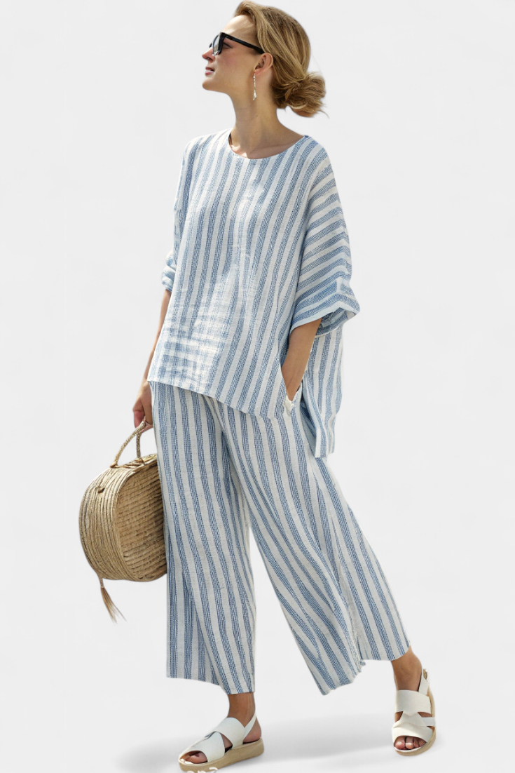 Federica – sophisticated blue striped linen top and relaxed trousers