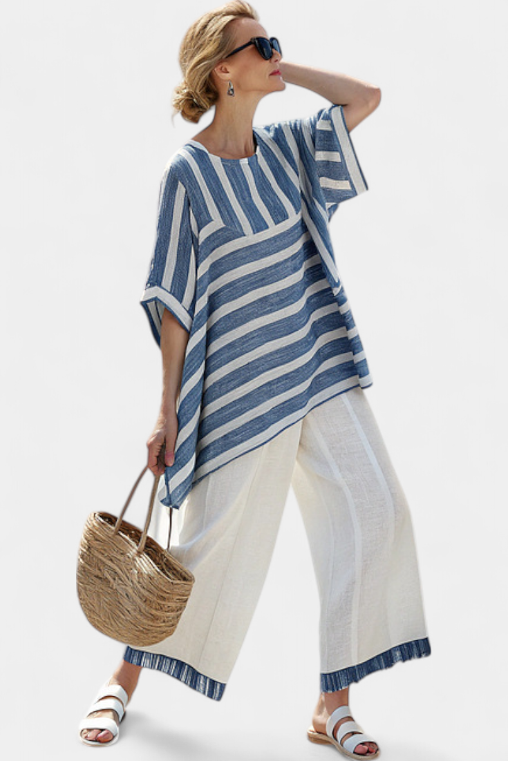 Ornella – sophisticated blue striped top and trousers