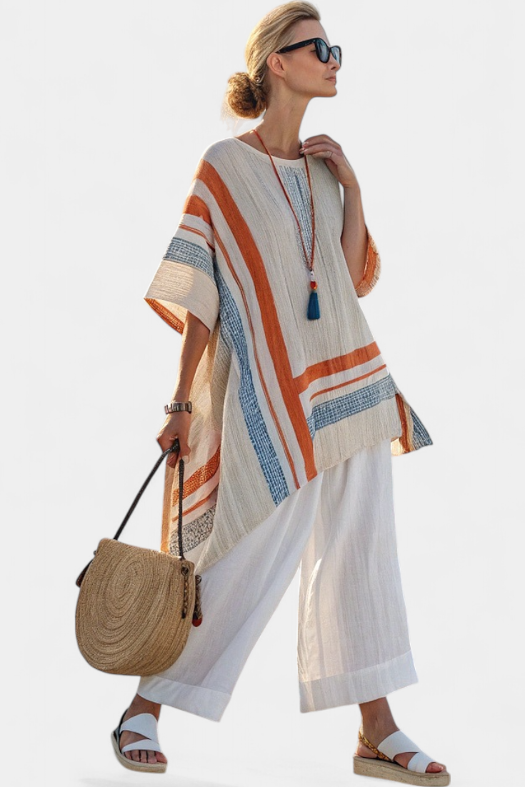 Loredana – sophisticated asymmetric blouse and wide-leg linen trousers