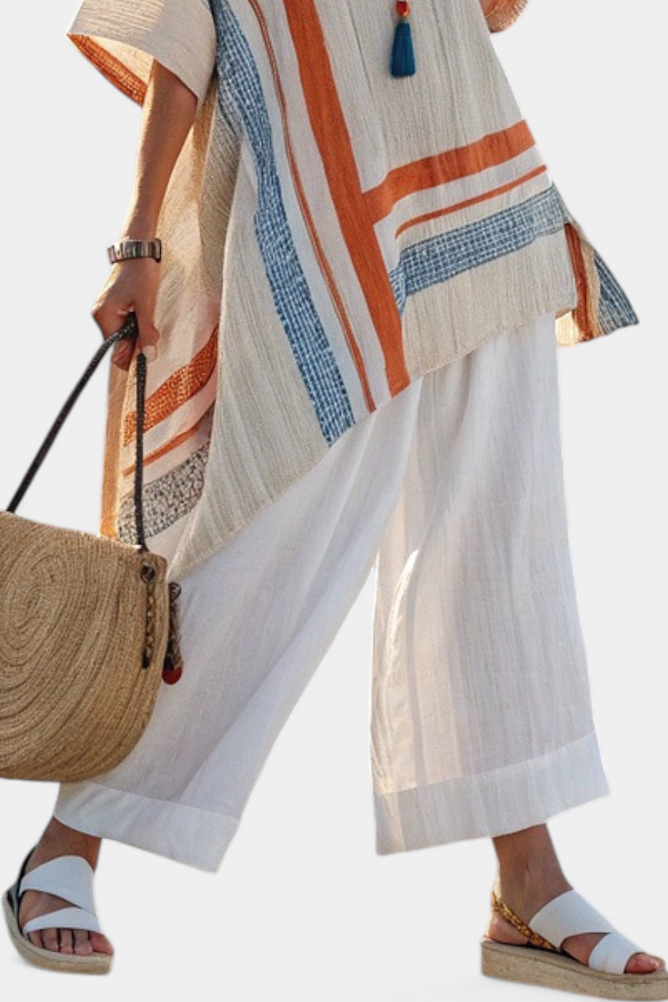 Loredana – sophisticated asymmetric blouse and wide-leg linen trousers