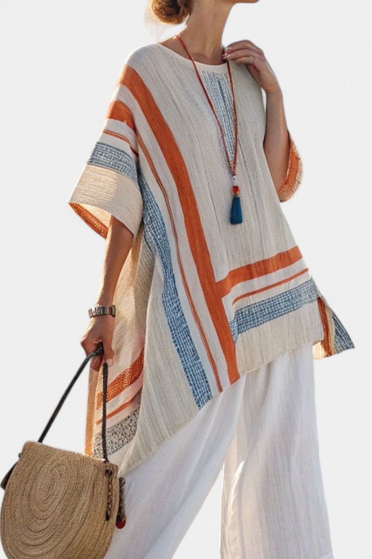 Loredana – sophisticated asymmetric blouse and wide-leg linen trousers