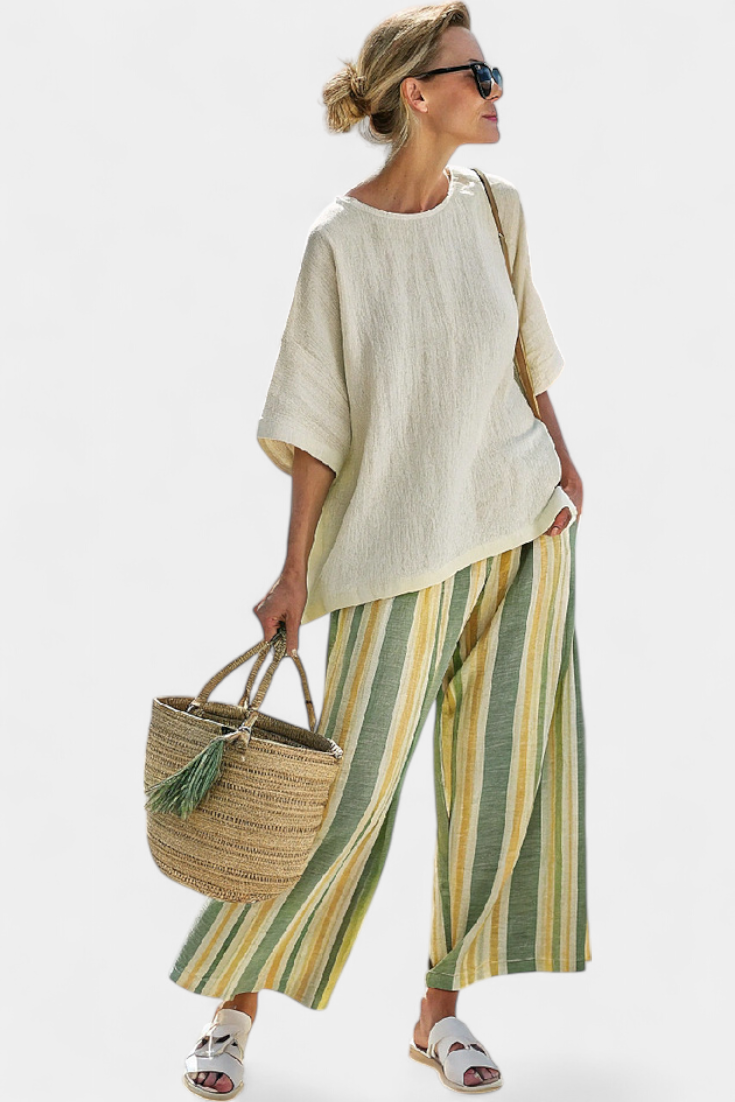Caterina – sophisticated top and striped linen trousers