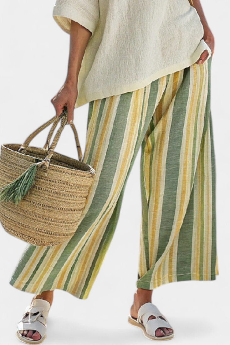 Caterina – sophisticated top and striped linen trousers