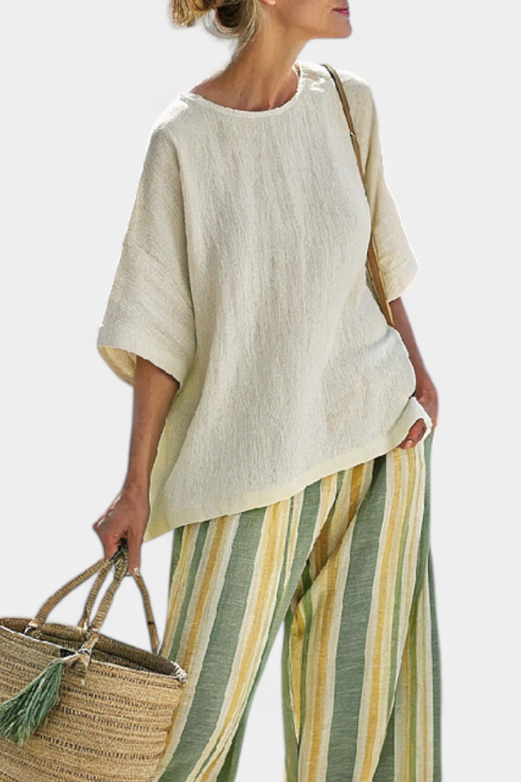 Caterina – sophisticated top and striped linen trousers
