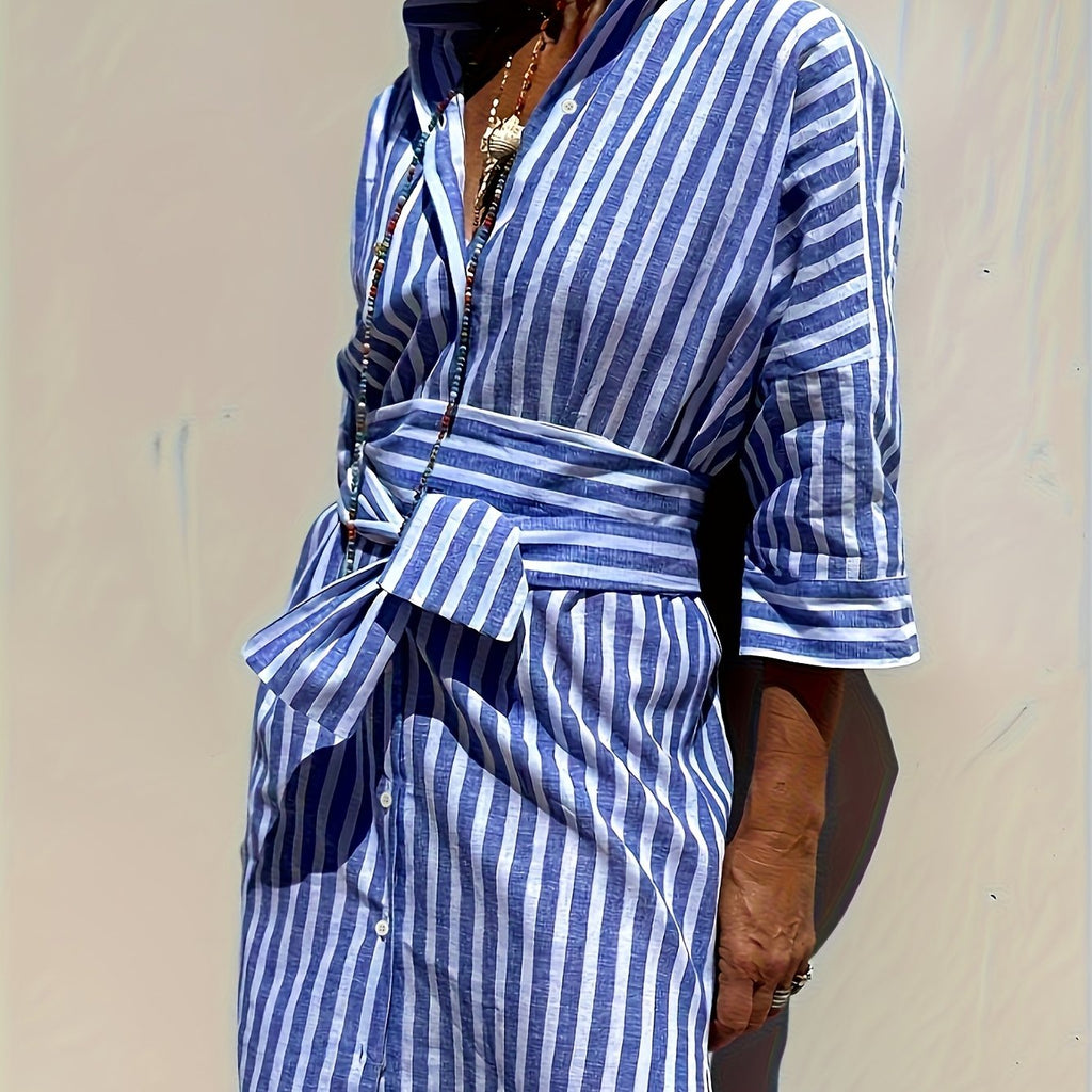 Christine | Striped Print & Button Closure with Belt