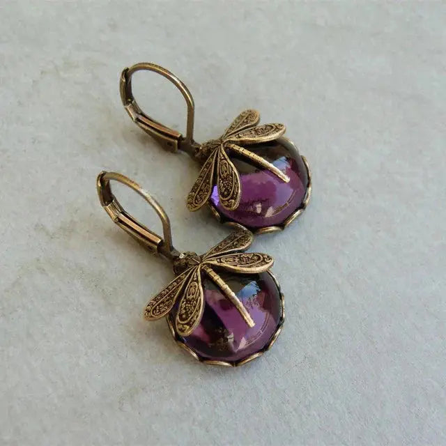 Boucles d'oreilles sphériques en forme de libellule en or antique