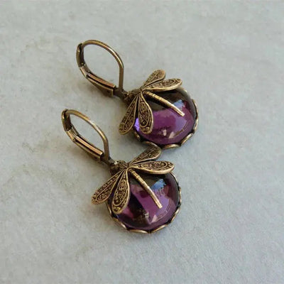 Boucles d'oreilles sphériques en forme de libellule en or antique