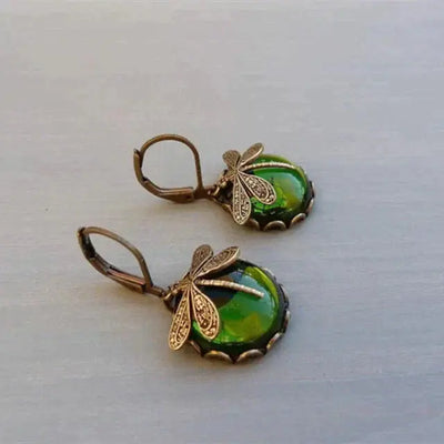 Boucles d'oreilles sphériques en forme de libellule en or antique