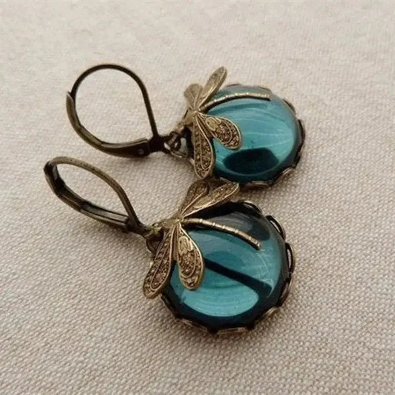 Boucles d'oreilles sphériques en forme de libellule en or antique