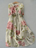 Womens Dress - Vintage Floral Print Summer Dress with Adjustable Waist