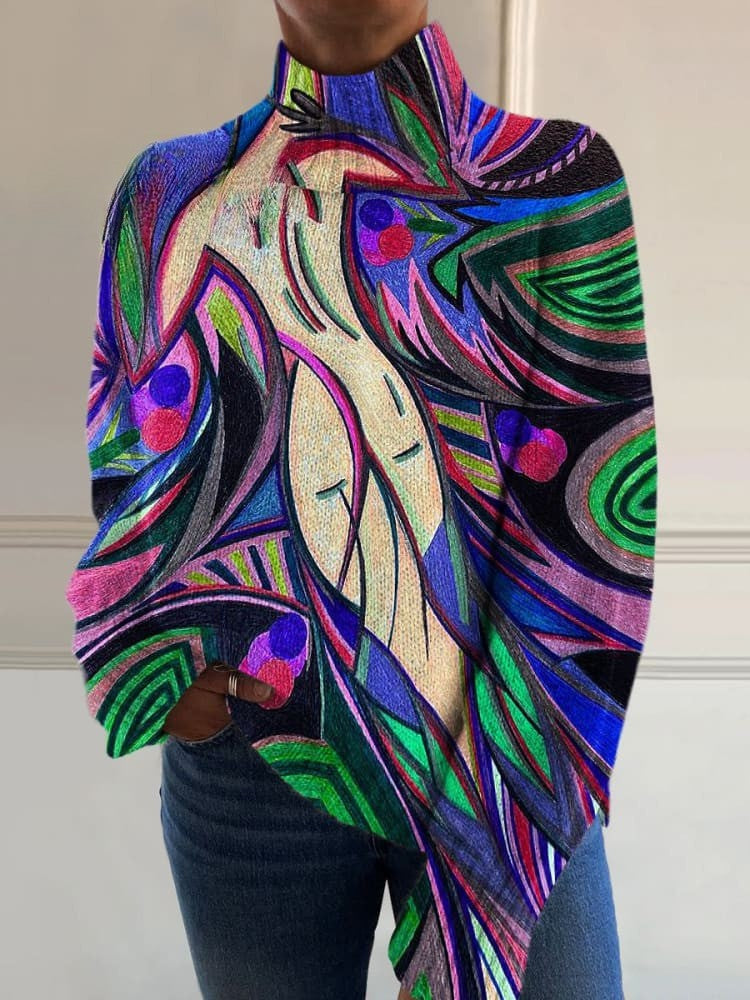 Retro Abstract Knit Turtleneck Sweater - Stylish Comfort for Men & Women