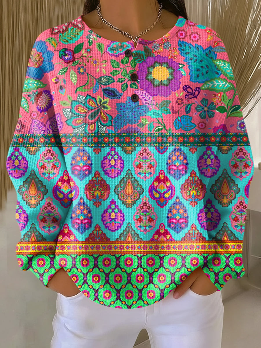 Pull à capuche | Pull en maille avec rayures florales ethniques