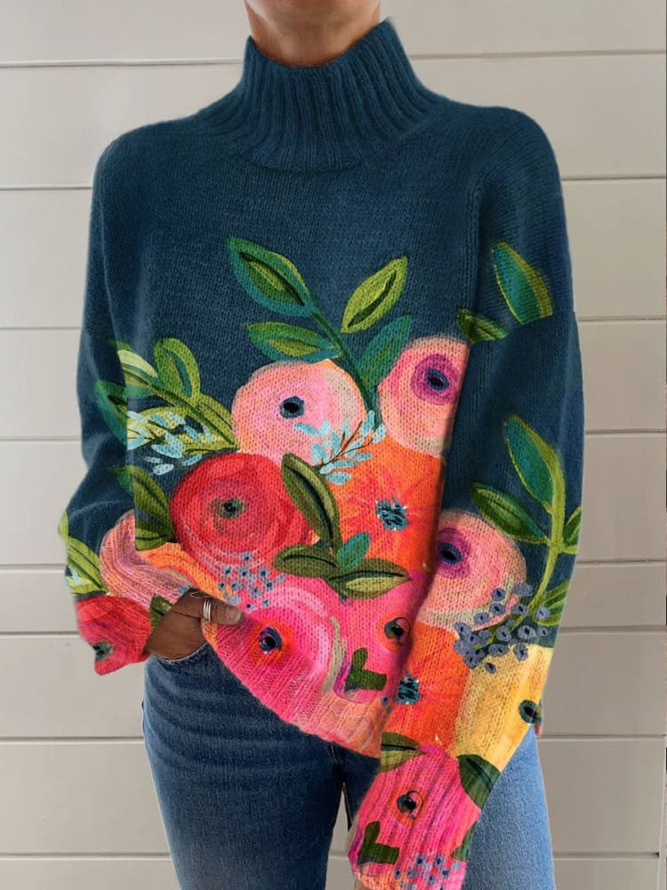 Retro Flower Print Turtleneck Sweater - Cozy, Warm & Stylish Fit