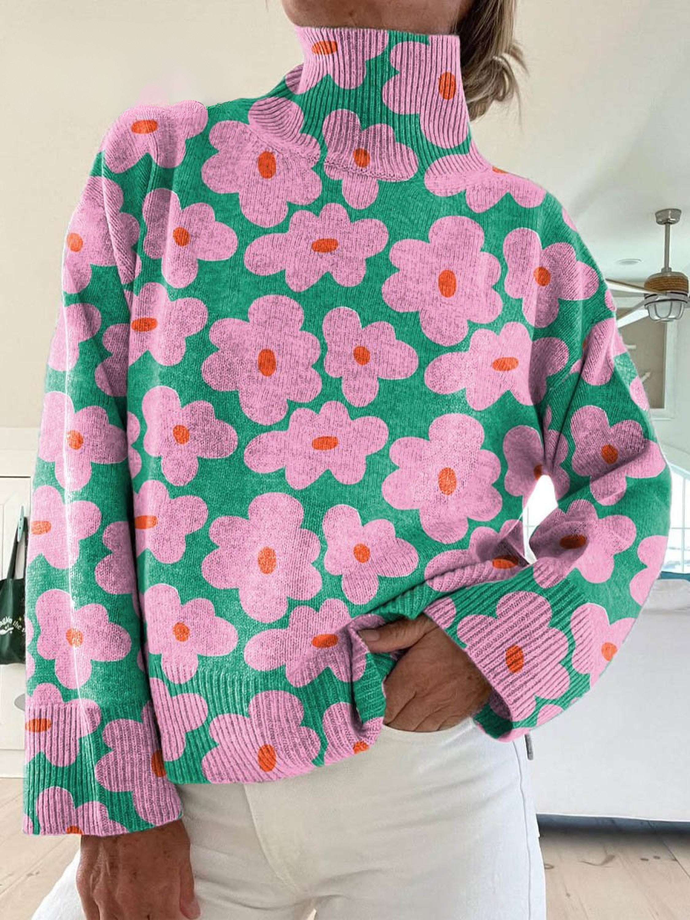 Women's Sweater - Cozy Floral Knit Turtleneck for Stylish Warmth