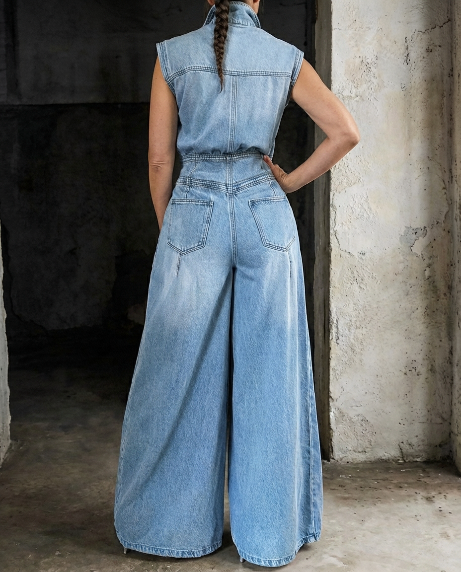 Stella | Cinched Waist Wide Leg Denim Jumpsuit