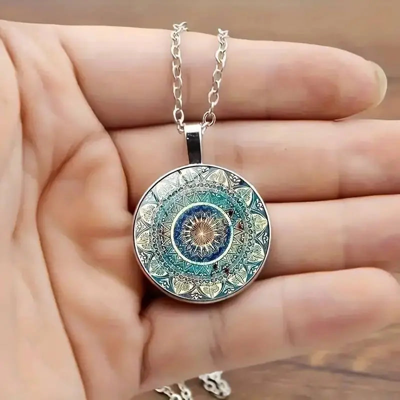 Collier Mandala ronde vintage bleu