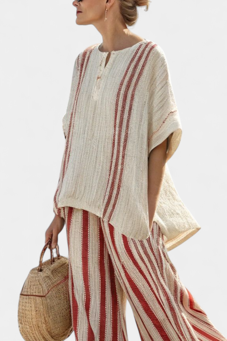 Mirella – red striped structured top and linen trousers