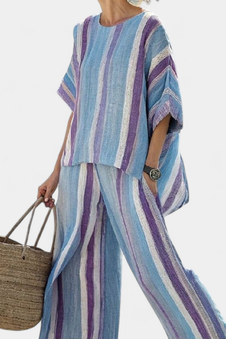 Ginevra – elegant pastel mauve top and striped linen trousers