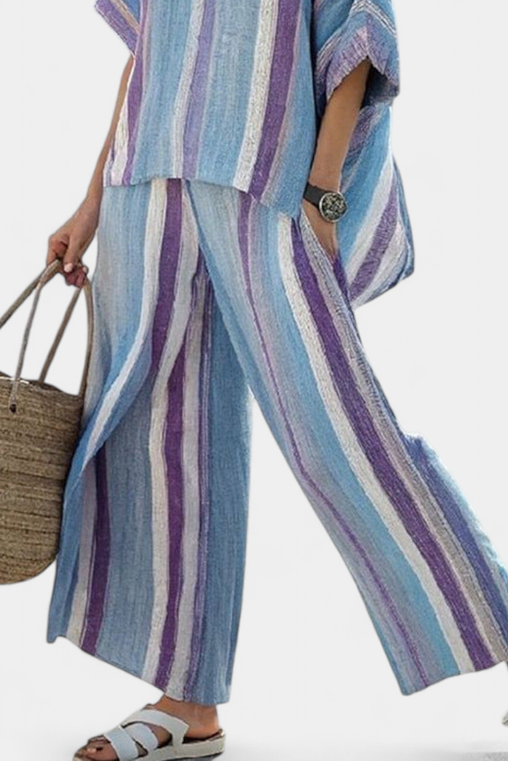 Ginevra – elegant pastel mauve top and striped linen trousers